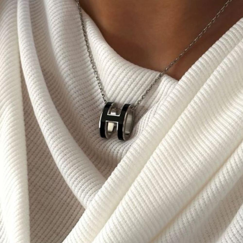 HERMES Pop H Pendant Necklace Palladium Hardware Noir Unisex
