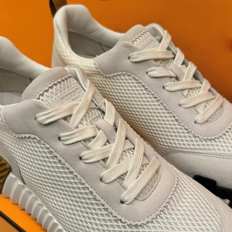 HERMES White Mesh H Brown Black Low Top Sneakers