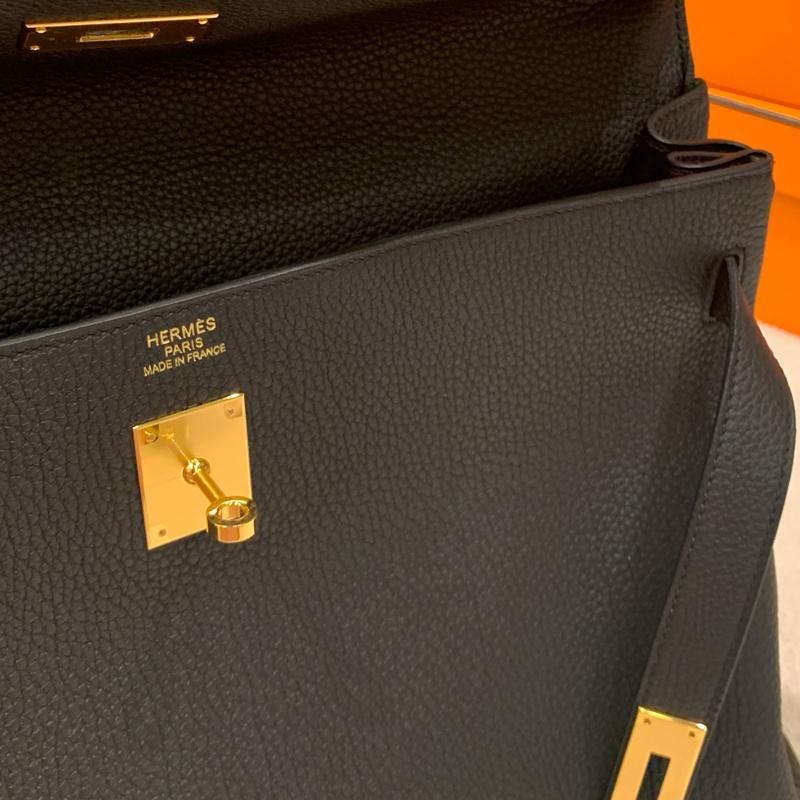 HERMES Kelly Black Leather Tote Bag with Gold Hardware