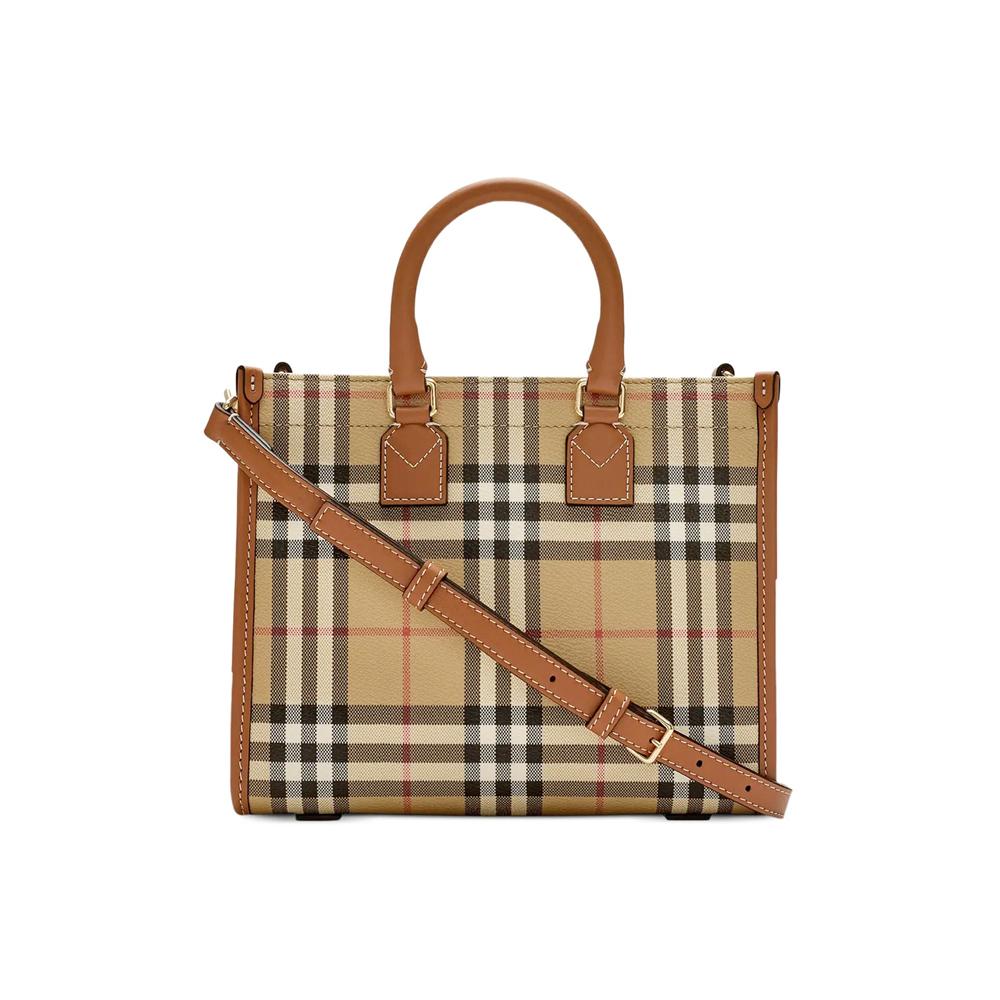 BURBERRY Mini Freya Vintage Check Tote Crossbody Bag Briar Brown 8109793
