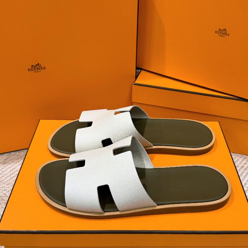 HERMES Izmir Sandals Epsom Calfskin Khaki Beige Men's Slippers