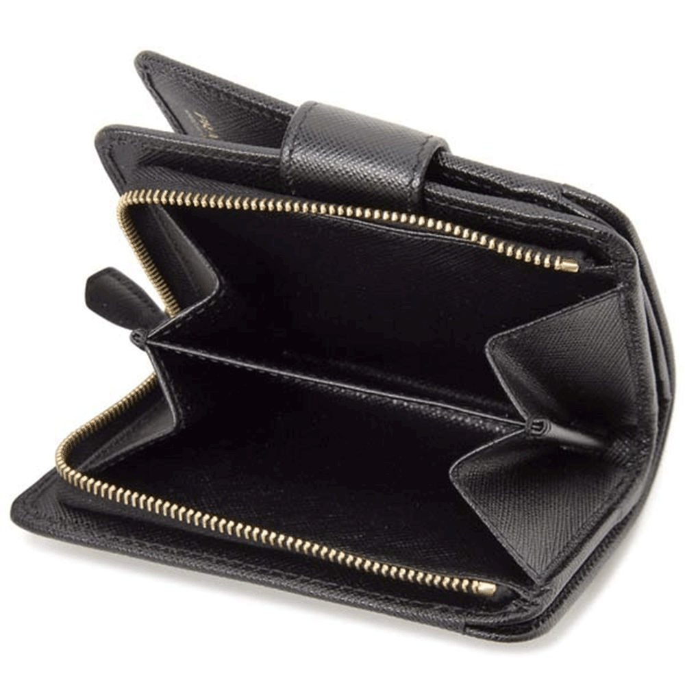 PRADA Metal Logo Black Leather Bifold Wallet for Women