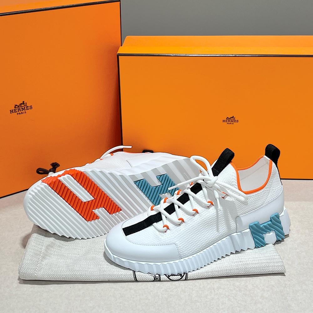 HERMES Lift Slip-On Sneakers Knit Calfskin White H Orange Sky