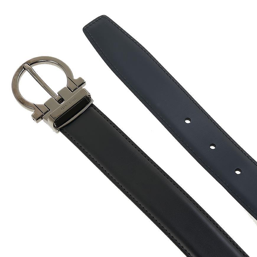 Ferragamo Men’s Reversible Gancini Leather Belt Black/Navy