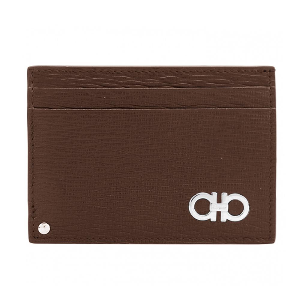 Ferragamo Silver-Tone Double Gancini Leather Card Holder 0753610