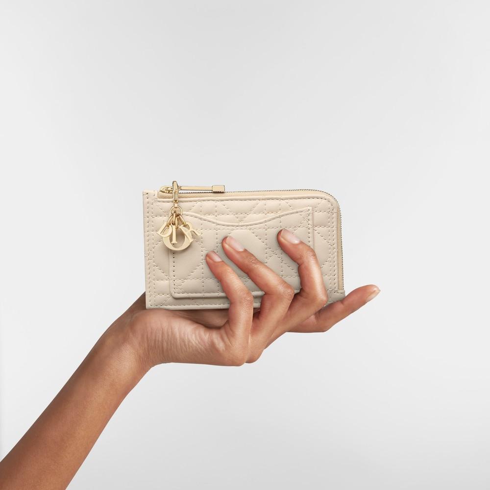 DIOR Lady Dior Cosmos Dusty Ivory Cannage Lambskin Zip Card Holder
