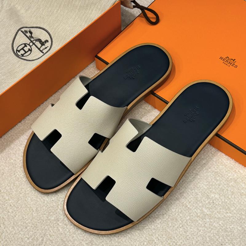 HERMES Izmir Sandals Calfskin Epsom White Navy Men's Slides