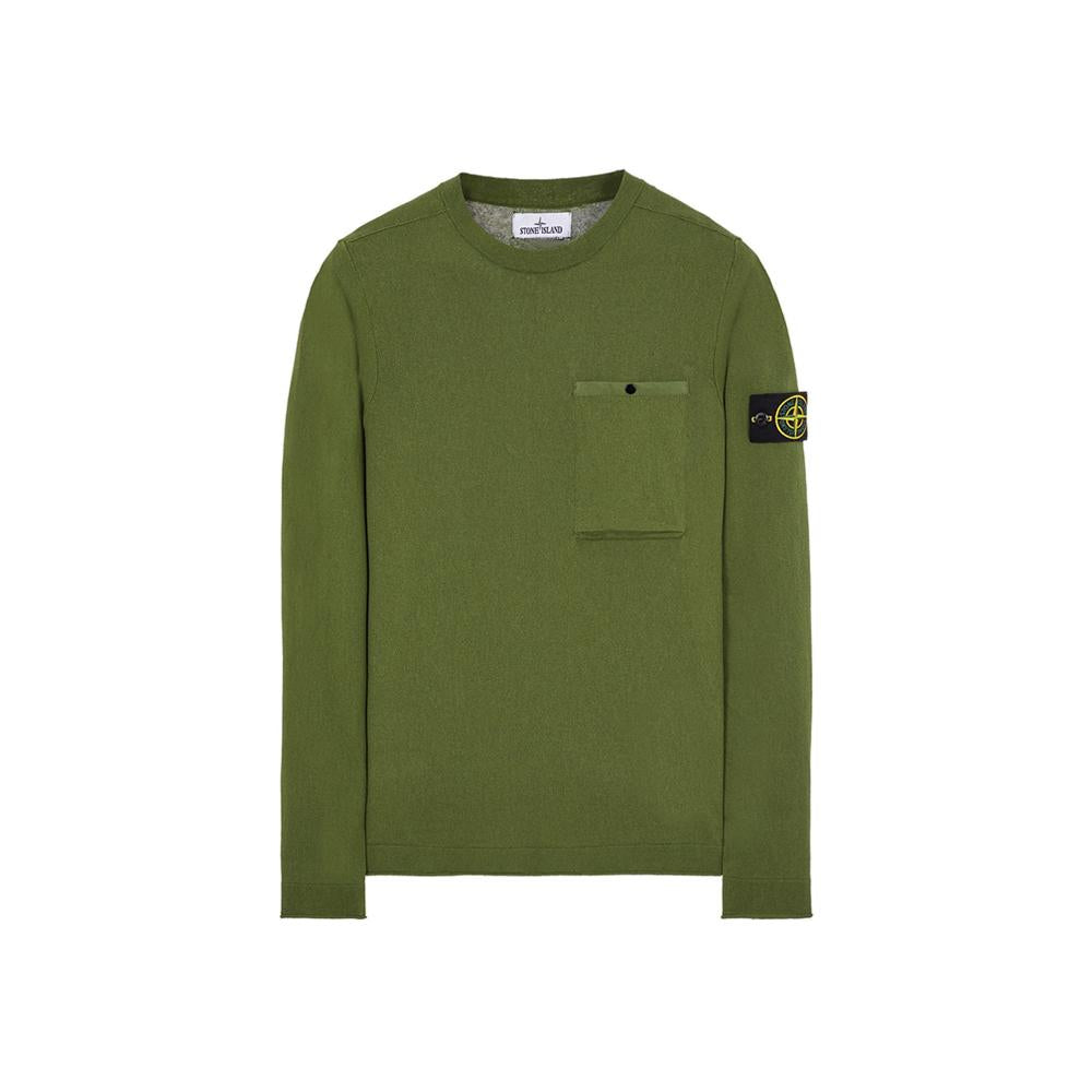 STONE ISLAND Woven Badge Pocket Crewneck Knit Sweater Khaki 7615517B8 V0058
