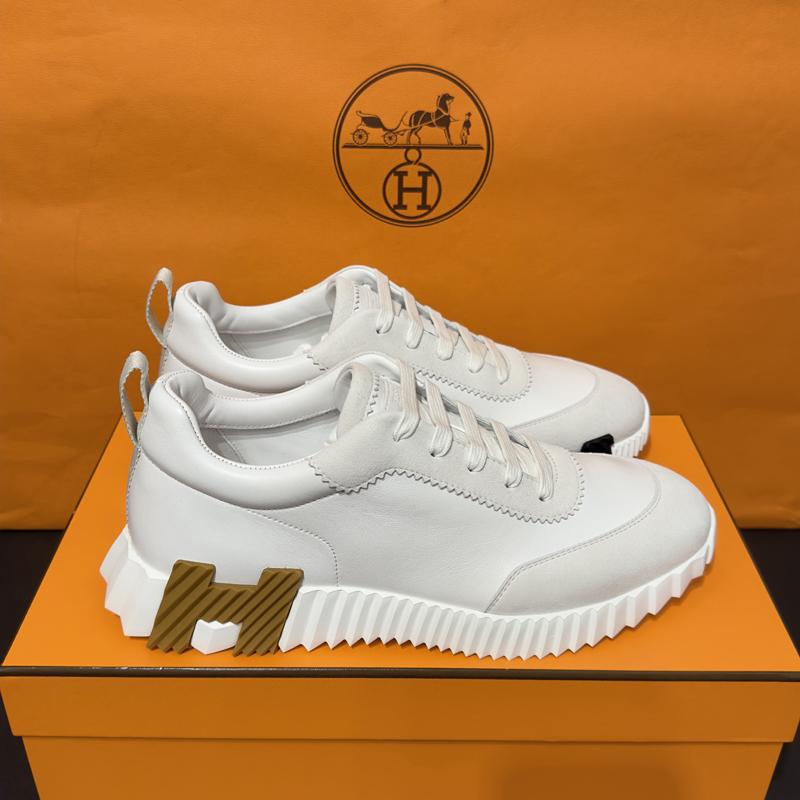 HERMES White Leather Two-Tone Brown Black H Logo Low-Top Sneakers