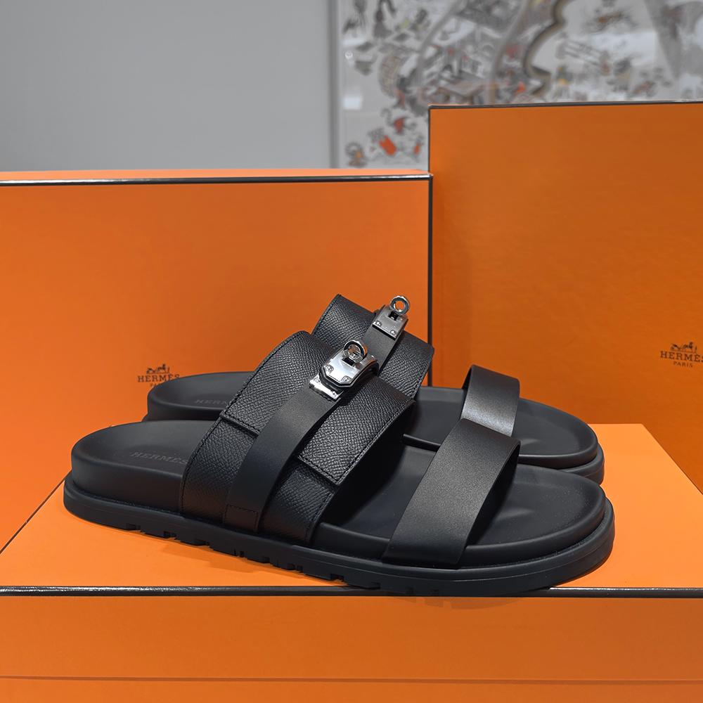 HERMES Men’s Jackson Slides Epsom Calfskin Black Silver-Tone Hardware