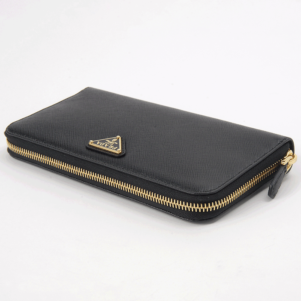 PRADA Black Saffiano Leather Long Wallet Gold Triangle Logo Women