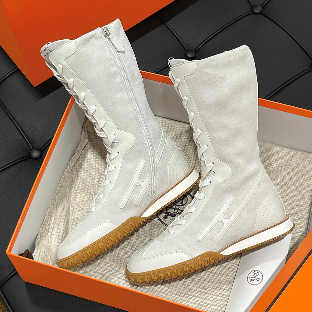 HERMES Suede Calfskin Lace-Up High-Top Sneakers White