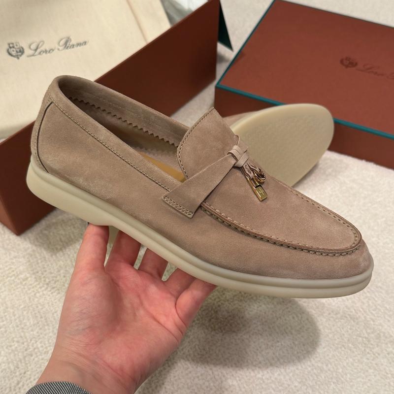 Loro Piana Suede Summer Charms Walk Loafers Sand Brown Gold-tone
