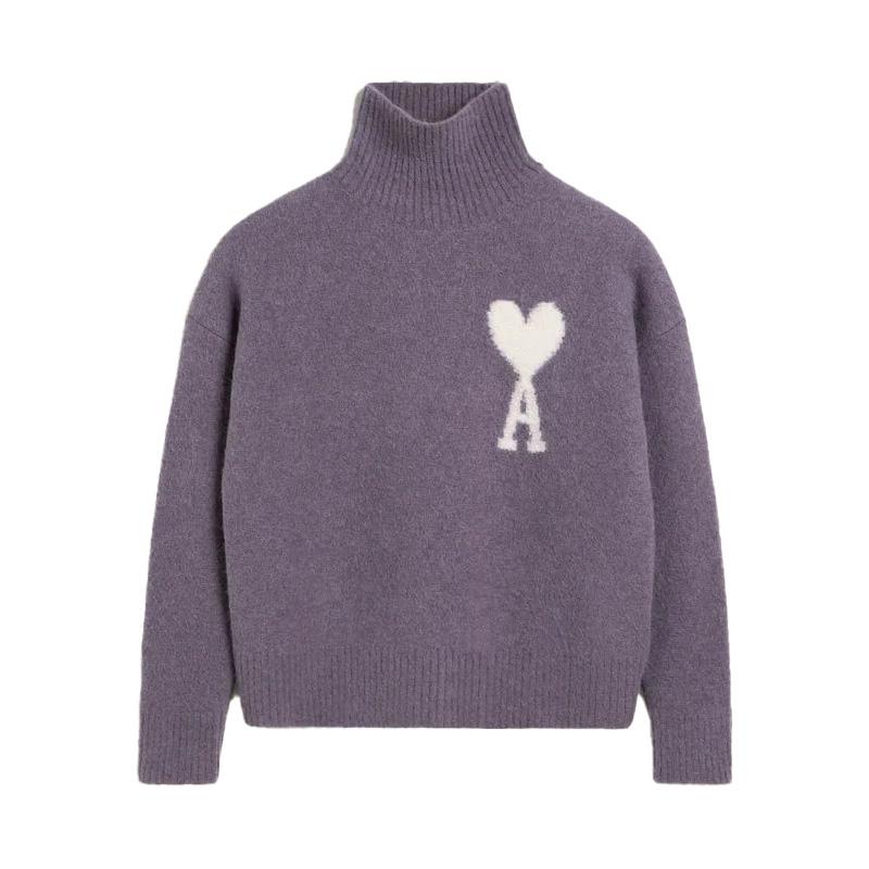 AMI Heart Logo Funnel Neck Turtleneck Knit Sweater Lilac UKS425 KN0032 504