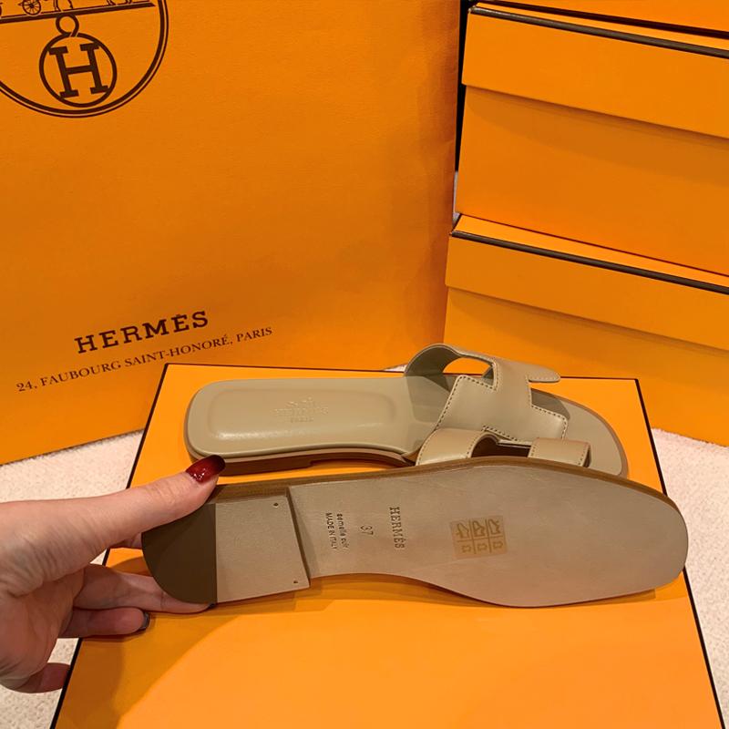 HERMES Oran Sandals Khaki Beige Calfskin Women