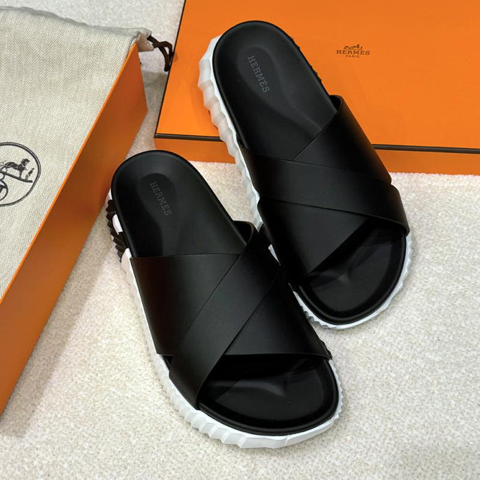 HERMES Men’s Black Calfskin H Infra Sandals