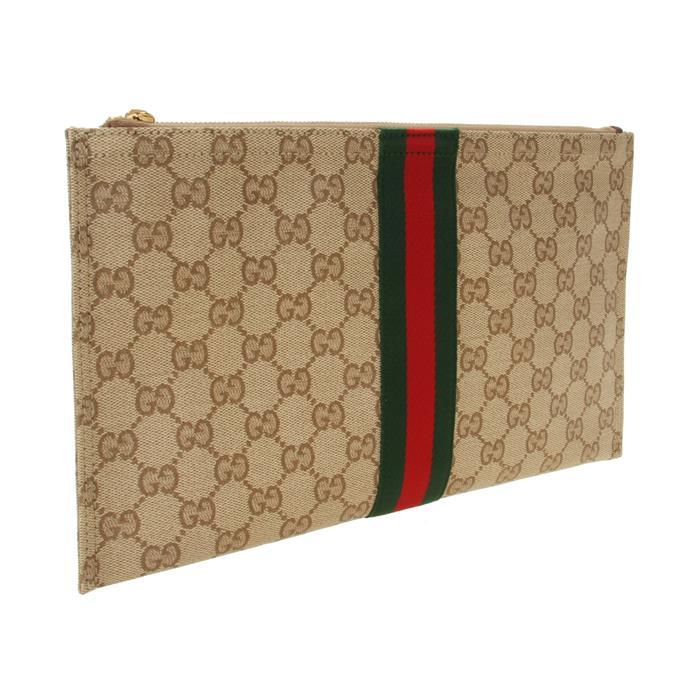 GUCCI Web Large Pouch Clutch Bag Brown Canvas Leather Trim