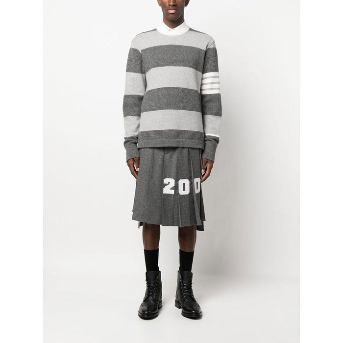 THOM BROWNE Tonal Grey 4-Bar Rugby Stripe Wool Crewneck Sweater