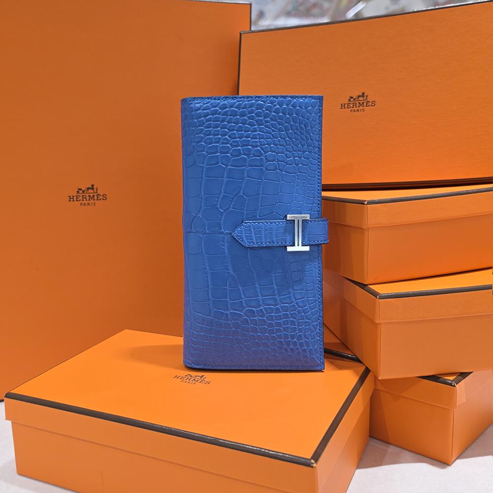 HERMES Blue Matte Alligator Bearn Long Wallet Gold Hardware Unisex