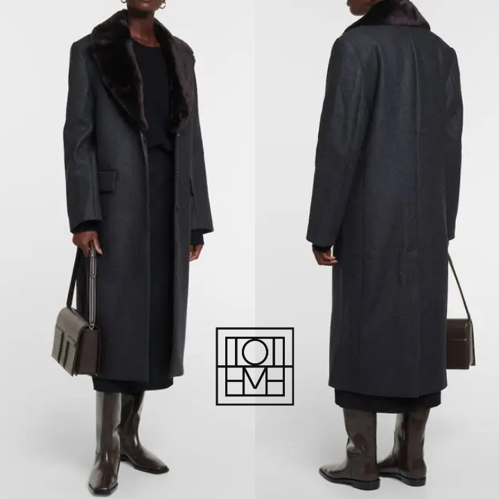 Toteme Shearling Collar Wool Coat Women Charcoal 234 WRT WOU048 FB0005