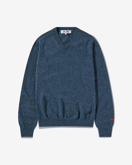 Comme des Garcons Small Heart Patch Wool V-Neck Sweater Navy