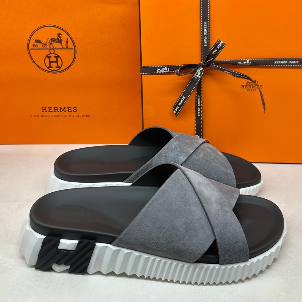 HERMES Men’s Infra Sandals Suede Calfskin Gray H Black Slippers