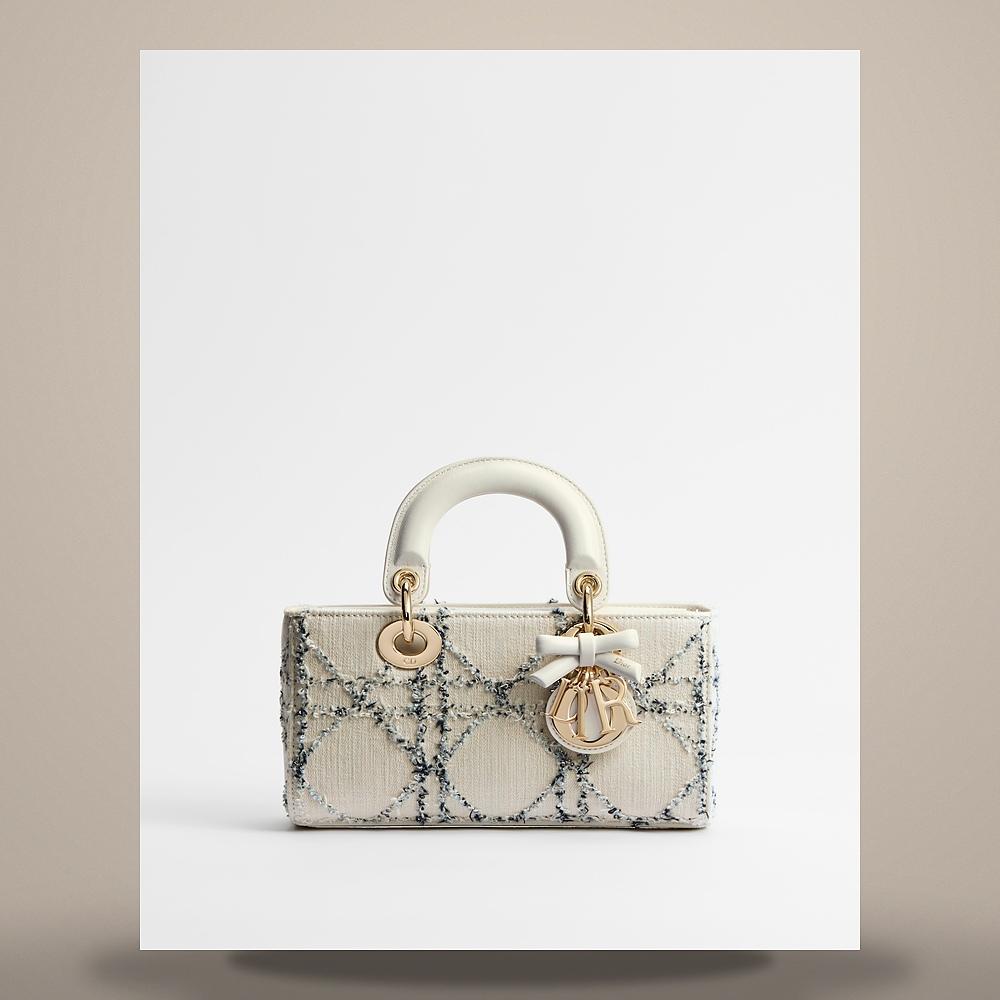 DIOR Lady D-Joy Small Shoulder Bag White Blue Cannage Cotton Bouc M0668ODJW M67I