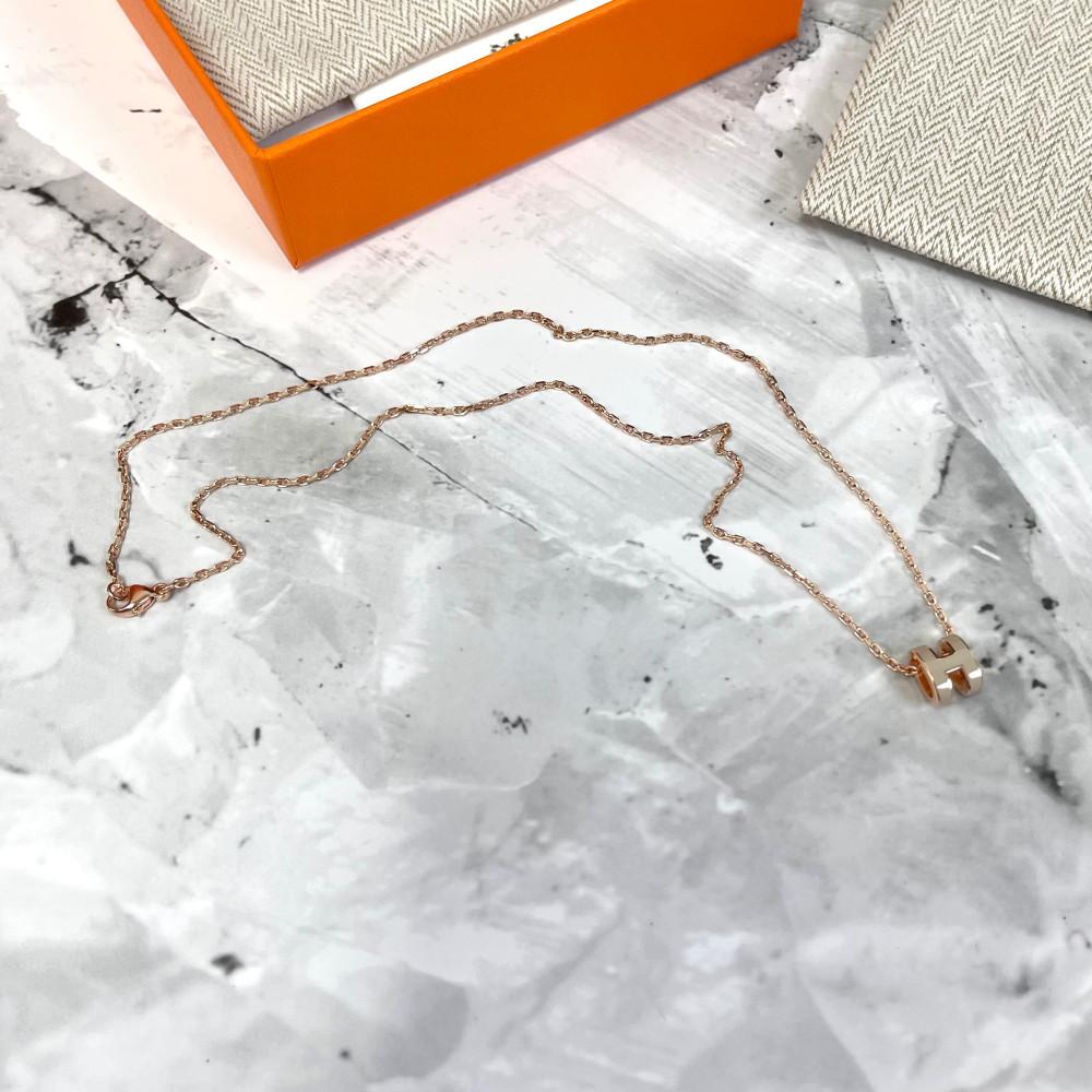 HERMES Mini Pop H Pendant Necklace Marron Glace Rose Gold