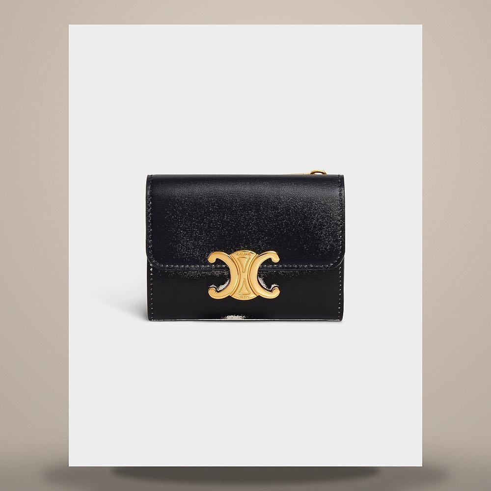 CELINE Triomphe Shiny Calfskin Compact Coin Wallet Black Card Holder