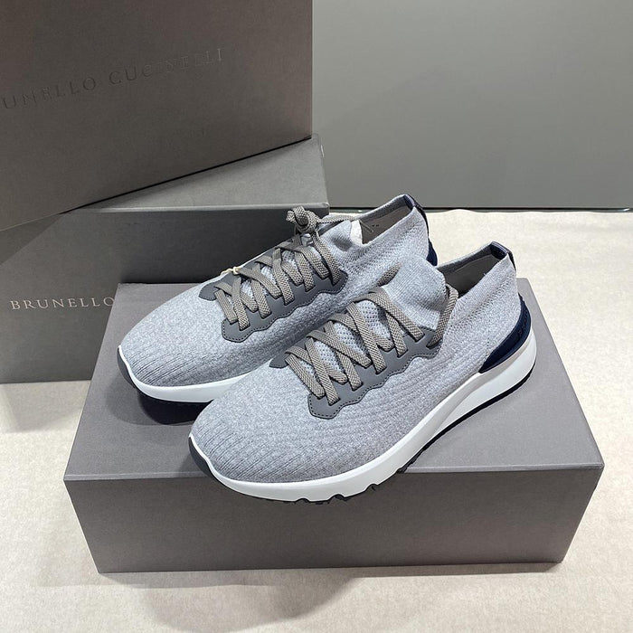 Brunello Cucinelli Gray Cotton Knit Polished Calfskin Runner Sneakers