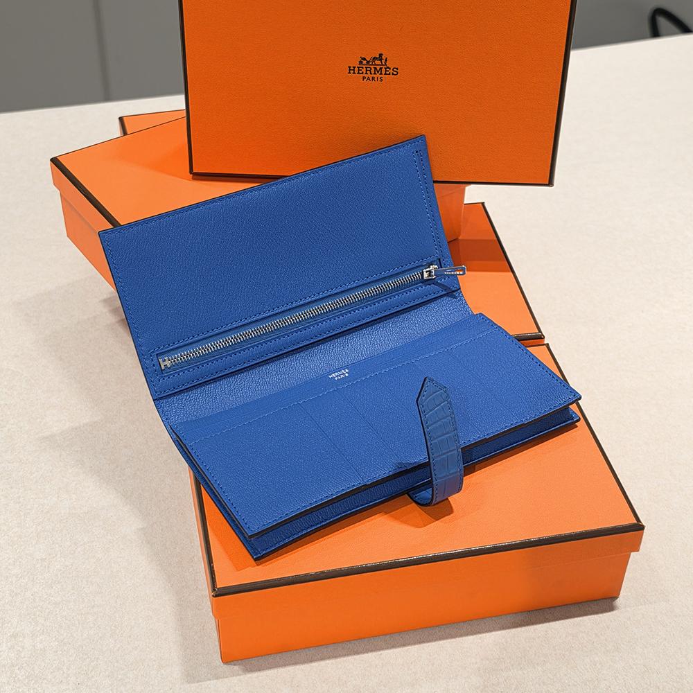 HERMES Blue Matte Alligator Bearn Long Wallet Gold Hardware Unisex