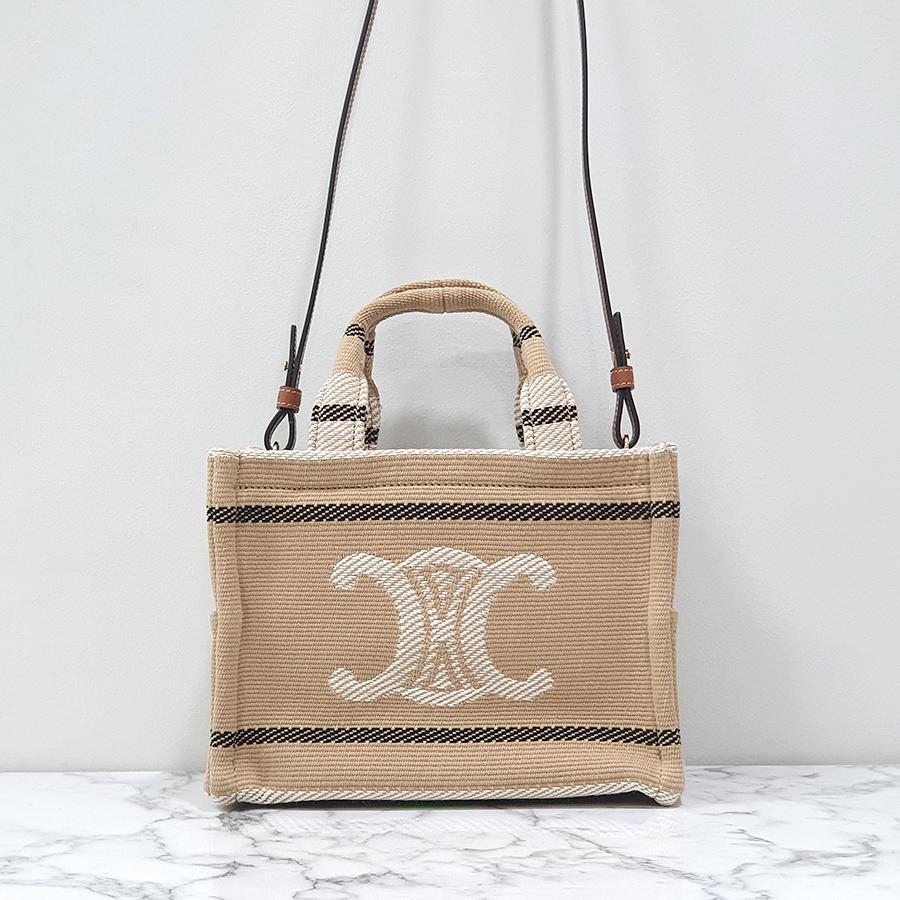 CELINE Women’s Small Cabas Stripe Text Triomphe Tote Bag Beige 199162FV2 02BL