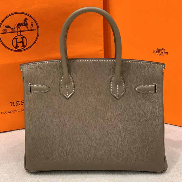 HERMES Etoupe Leather Birkin 30 Tote Bag with Gold Hardware