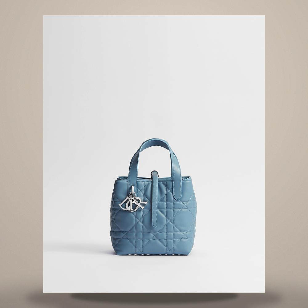 DIOR Small Toujours Vertical Tote Bag Myosotis Blue Macro Cannage Calfskin