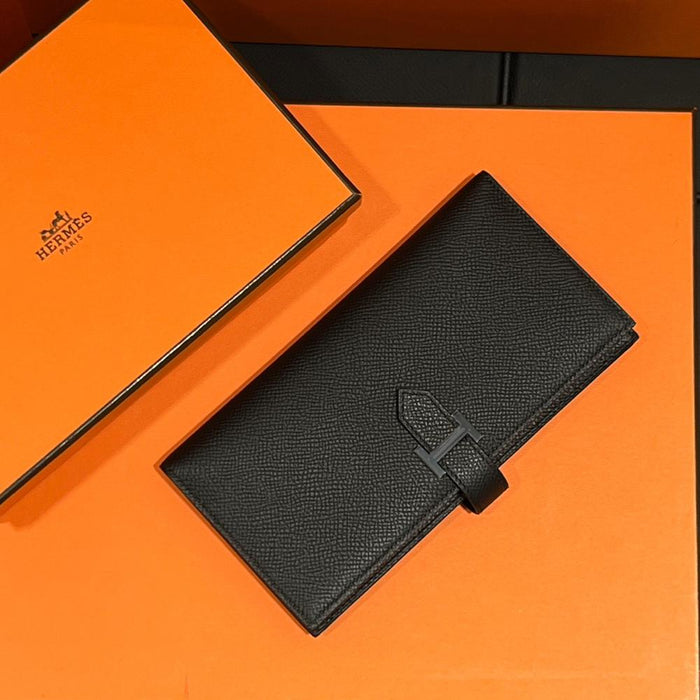 HERMES So Black Epsom Leather Bearn Long Wallet Unisex