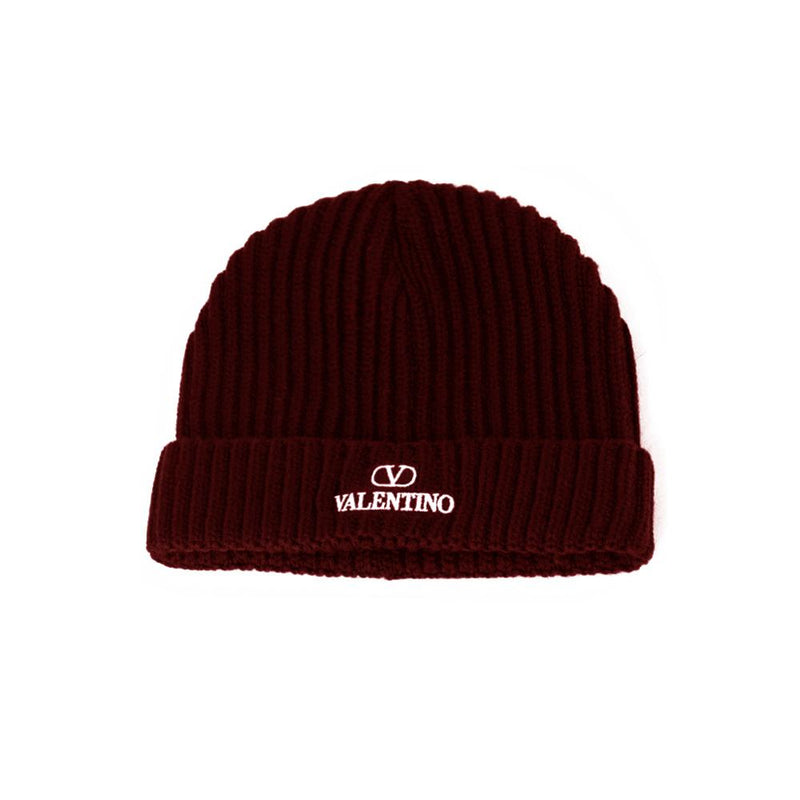 VALENTINO Burgundy Ribbed Beanie with Logo Embroidery 1Y2HB01D FDK 697