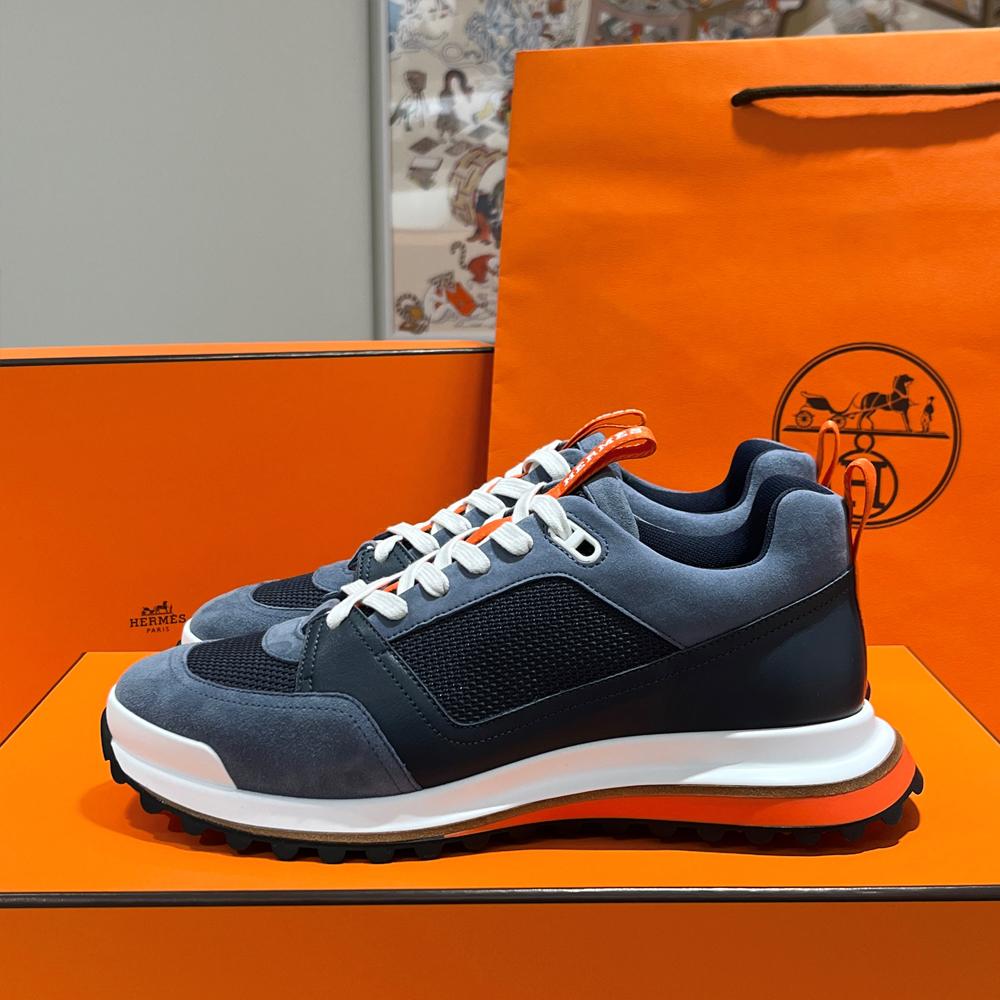 HERMES Men’s Leader Sneakers Epsom Calf Goatskin Suede Gray Blue