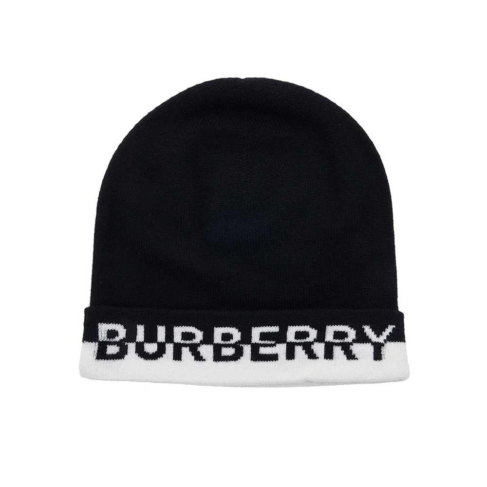 BURBERRY Logo Intarsia Cashmere Beanie Black White