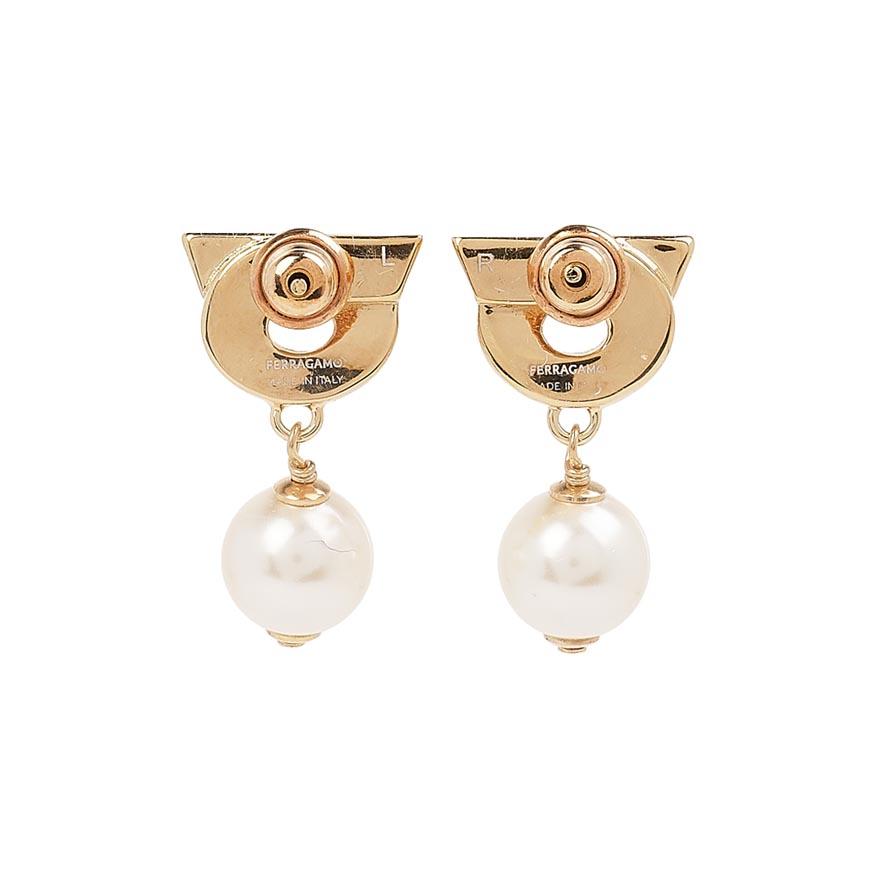 Ferragamo Crystal Gancini Pearl Drop Earrings Gold Tone Women