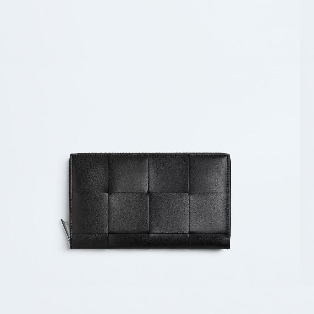 Bottega Veneta Cassette Two-Tone Zip-Around Long Wallet Black Parakeet