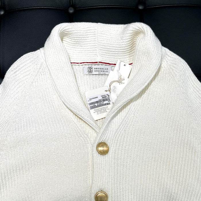 Brunello Cucinelli Ivory Allover Rib Shawl Collar Cardigan