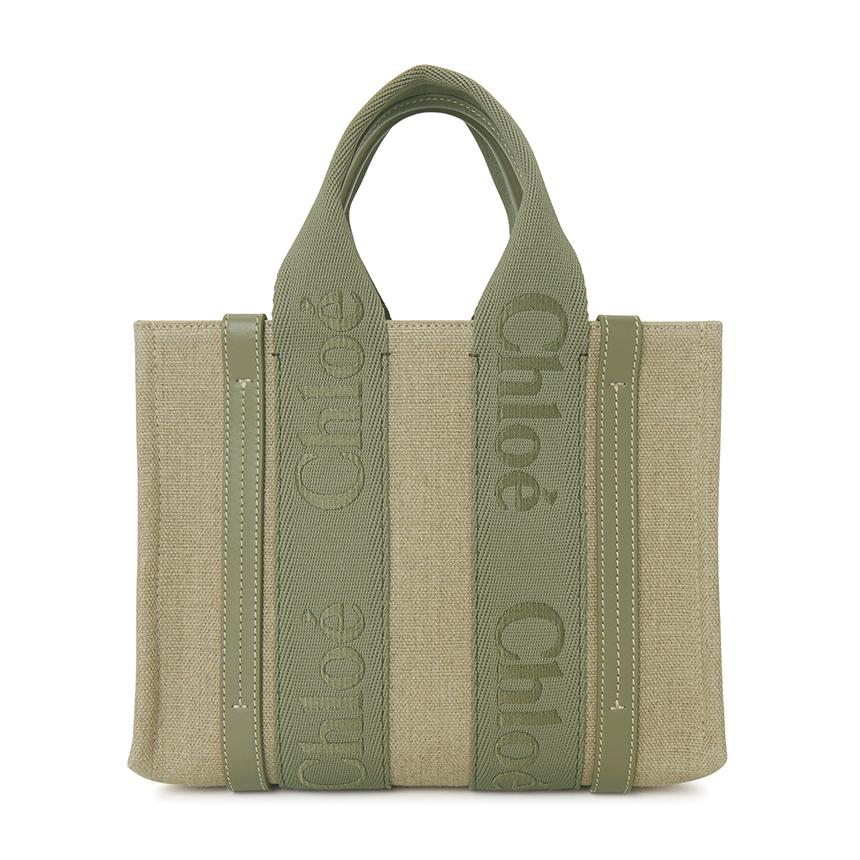 Chloe Woody Small Tote Bag Beige Canvas Leather Trim