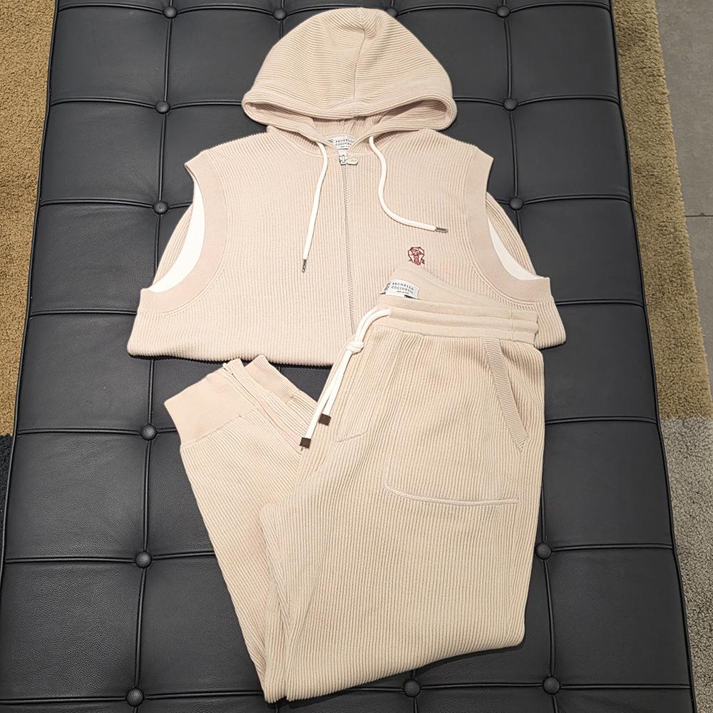 Brunello Cucinelli Cotton English Rib Knit Zip Hoodie Vest Joggers Set