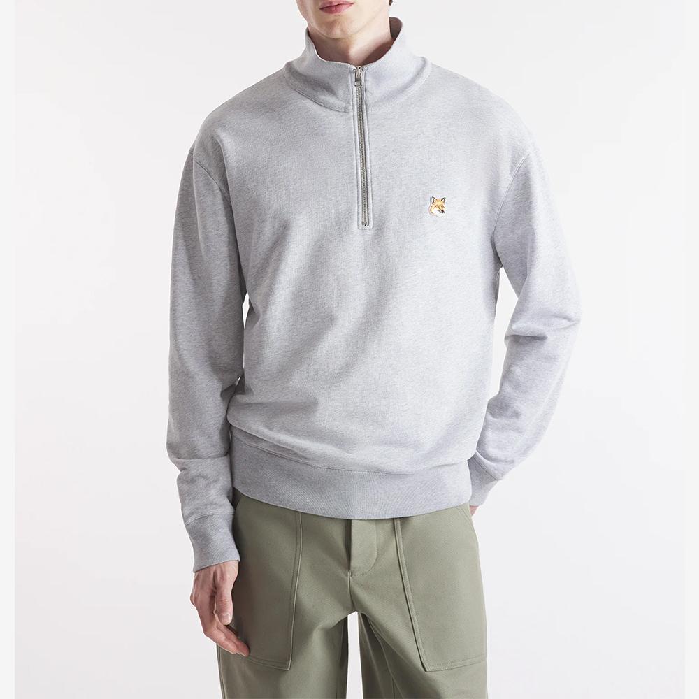 Maison Kitsune Light Gray Melange Fox Head Patch Half Zip Swe MM00314KM0001 H120