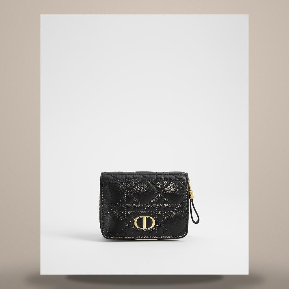 DIOR Black Cannage Calfskin Dior Caro Compact Card Holder Wallet