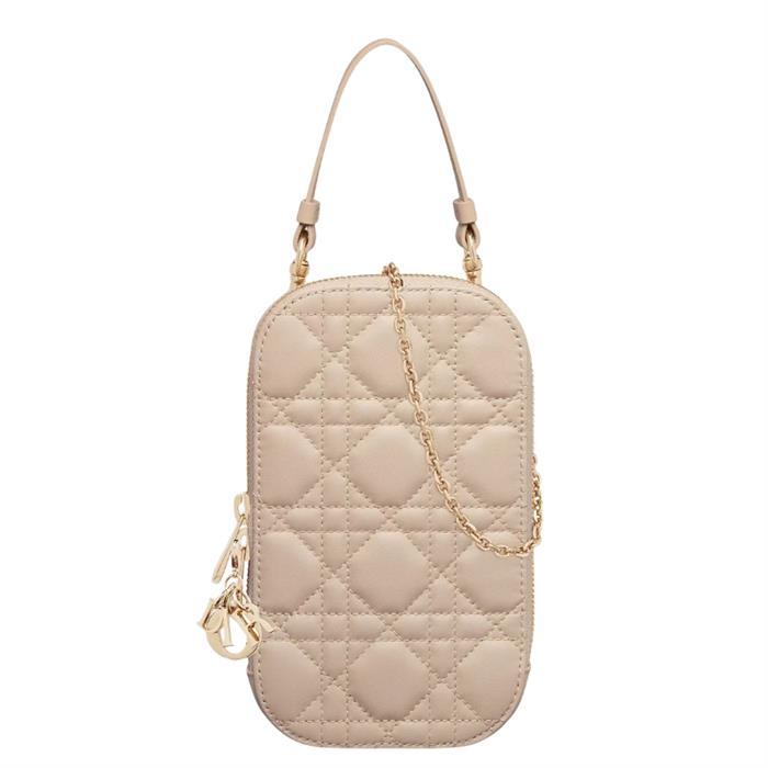DIOR Lady Dior Calfskin Phone Holder Shoulder Bag Pink