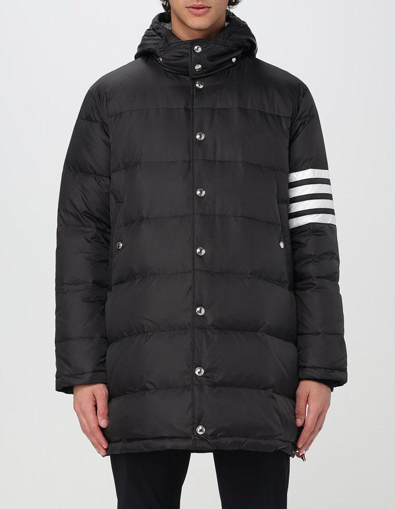 THOM BROWNE Black Down Hooded Long Puffer Coat with Stripes