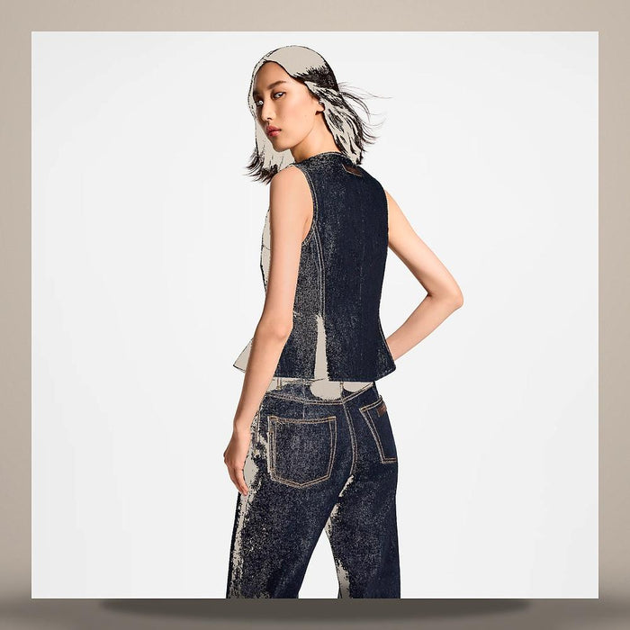 Louis Vuitton Women's Indigo Blue Denim Signature Button Blouse 1AKEIH