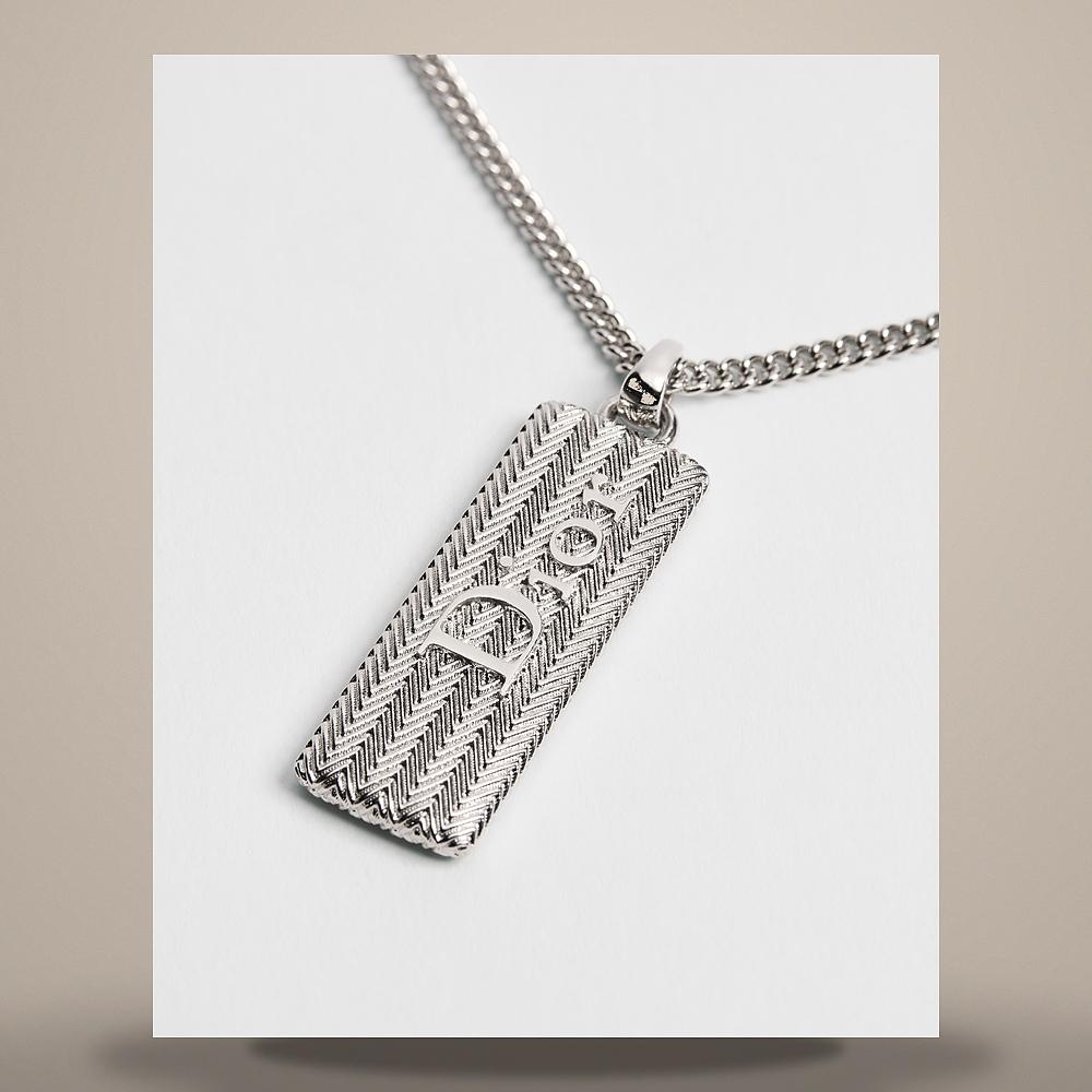 DIOR Guilloche Plate Pendant Necklace Silver-Tone Brass