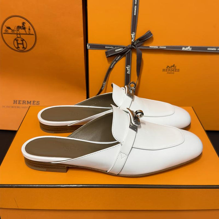 HERMES Oz Kelly Mule Slippers White Silver-Tone Hardware Sandals